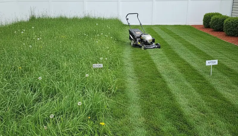 Before and after lawn mowing showing property transformation by Chop Chop Landscaping in Staten Island, NY