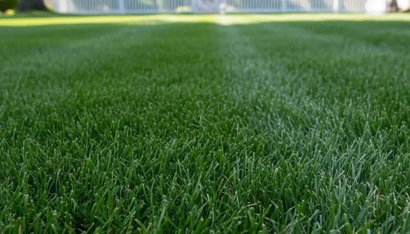 Close-up of freshly mowed green lawn showing precise grass blade cuts by landscapers in Staten Island, NY