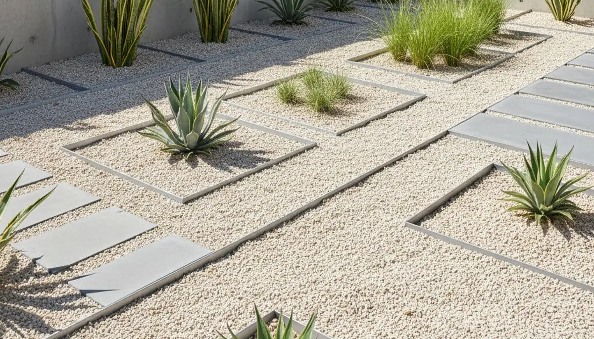 Modern pea gravel landscaping with geometric design in Staten Island, NY by Chop Chop Landscaping