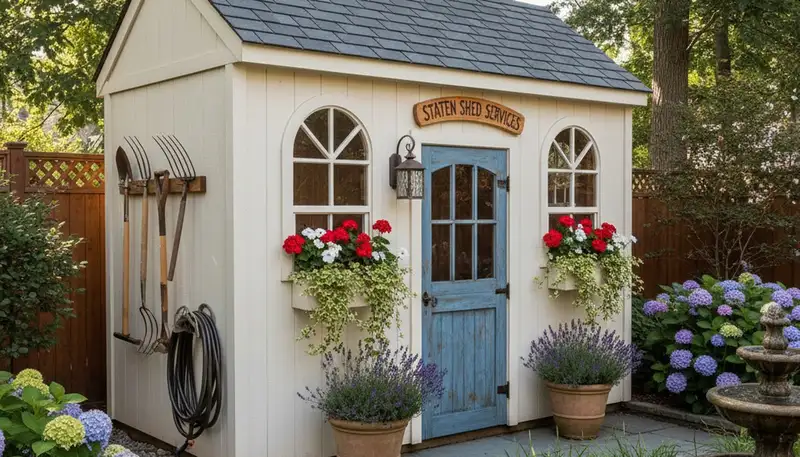 Decorative garden shed with landscape design by Chop Chop Landscaping in Staten Island, NY