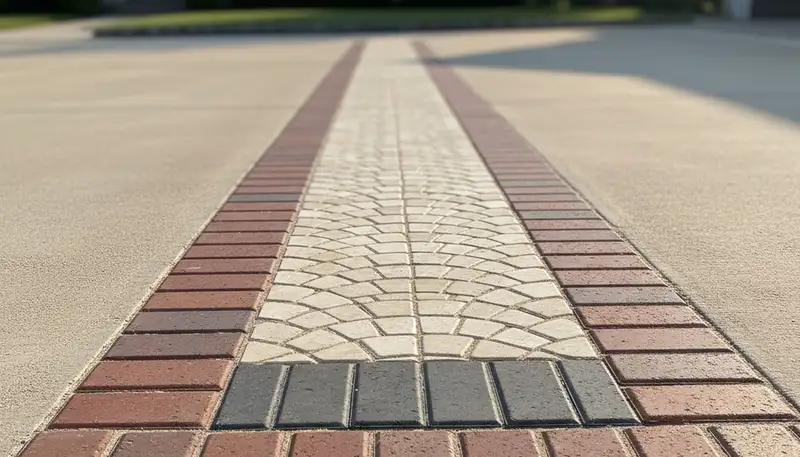 Close-up of decorative paver border and edging on driveway by Chop Chop Landscaping in Staten Island, NY