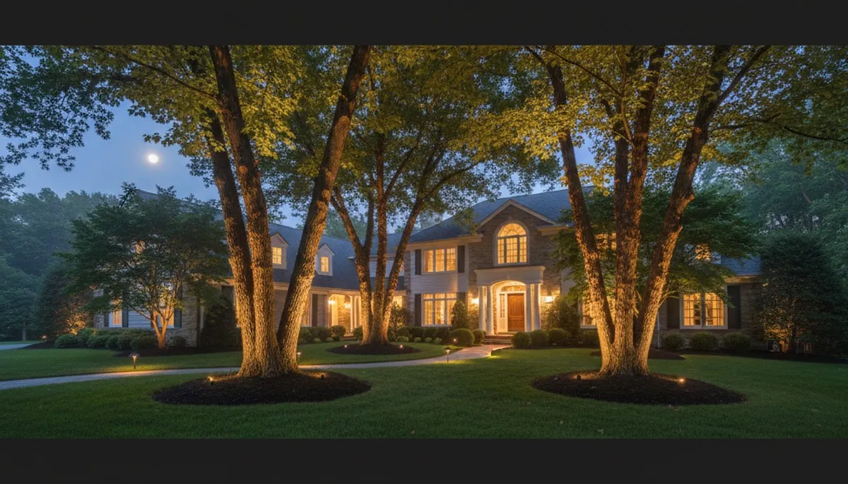 Dramatic tree uplighting by Chop Chop Landscaping in Staten Island, NY enhances curb appeal and night ambiance