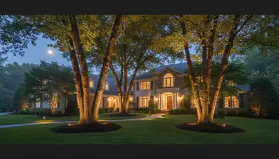 Dramatic tree uplighting by Chop Chop Landscaping in Staten Island, NY enhances curb appeal and night ambiance