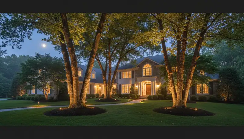 Dramatic tree uplighting by Chop Chop Landscaping in Staten Island, NY enhances curb appeal and night ambiance