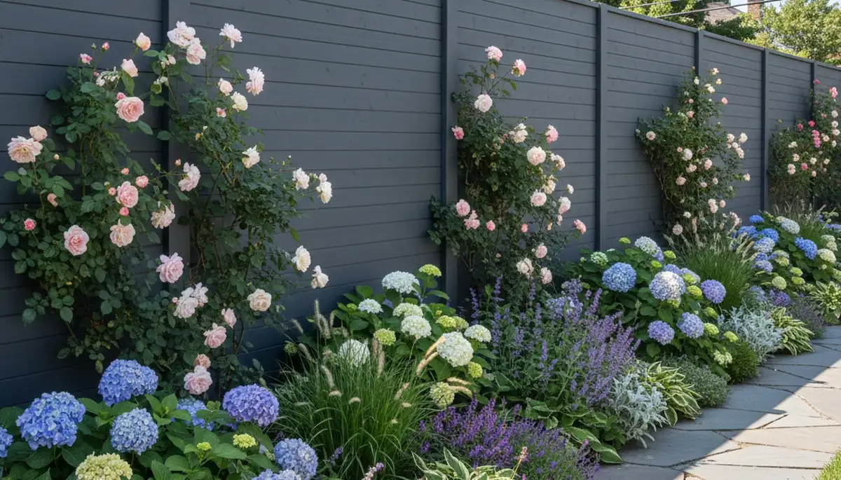Professional fence with integrated landscaping and flowers in Staten Island, NY backyard