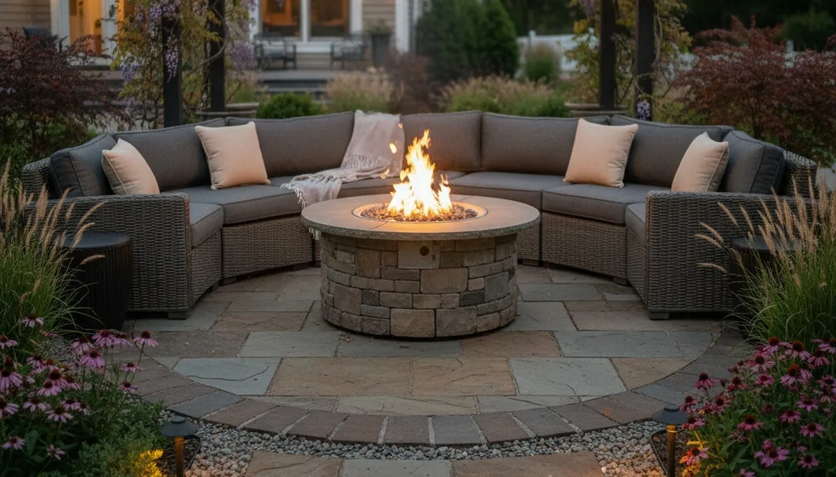 Fire pit patio with seating and landscape lighting designed by Staten Island NY landscaping experts