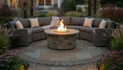 Fire pit patio with seating and landscape lighting designed by Staten Island NY landscaping experts