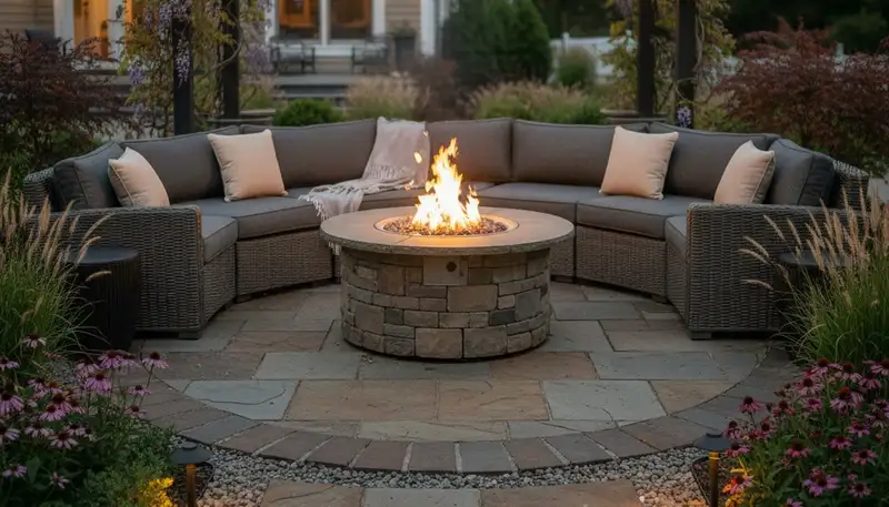 Fire pit patio with seating and landscape lighting designed by Staten Island NY landscaping experts