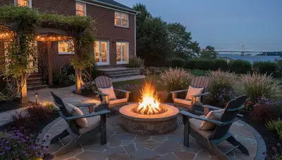 Fire pit patio with seating and lighting by Staten Island landscapers in Bayonne NJ backyard