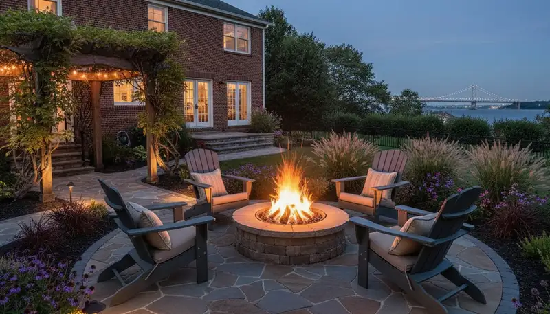 Fire pit patio with seating and lighting by Staten Island landscapers in Bayonne NJ backyard