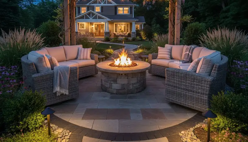 Fire pit patio with circular seating and native plants by Staten Island NY landscaping experts