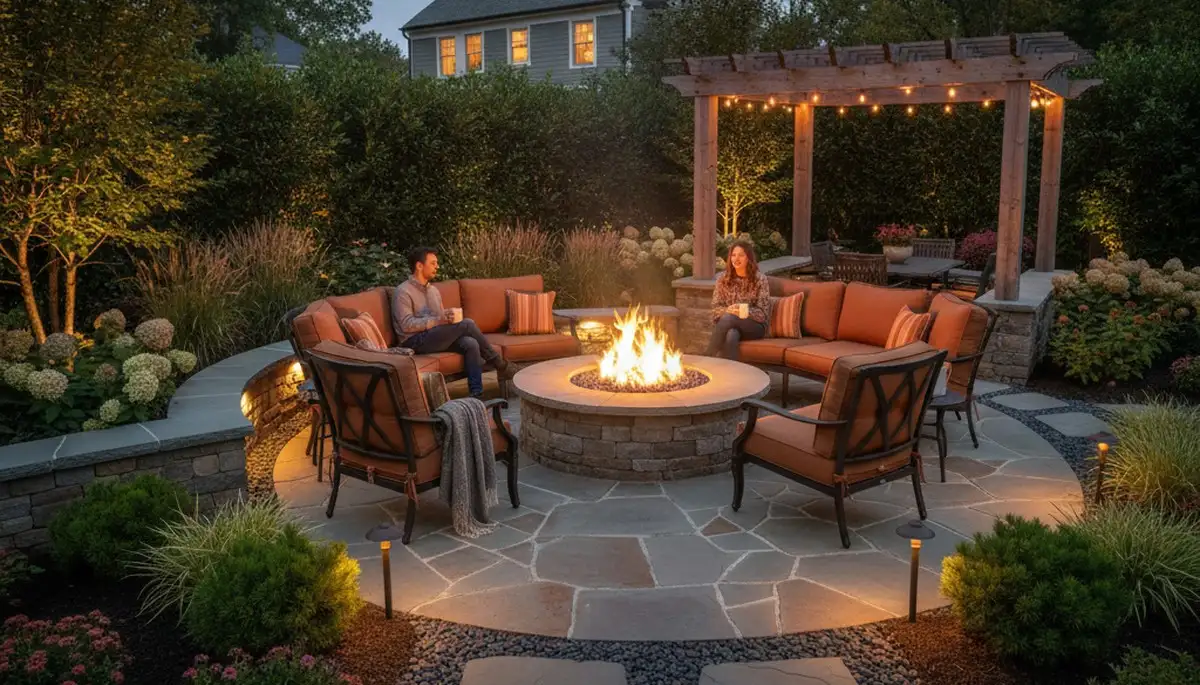 Fire pit patio with seating area and landscape lighting by Staten Island NY landscapers