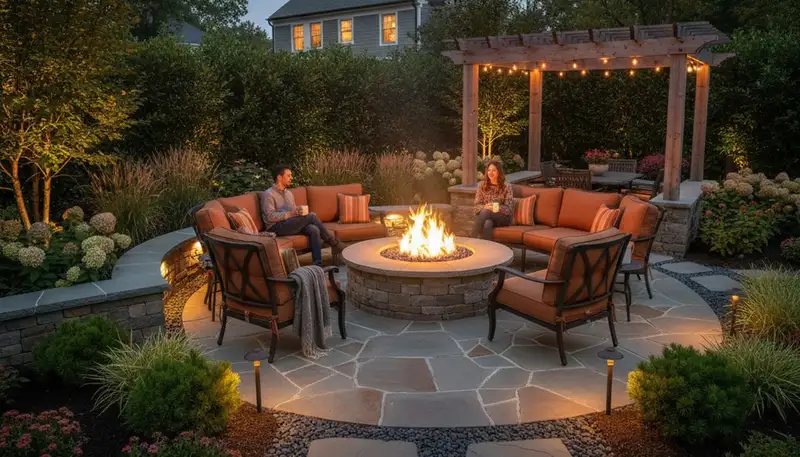 Fire pit patio with seating area and landscape lighting by Staten Island NY landscapers