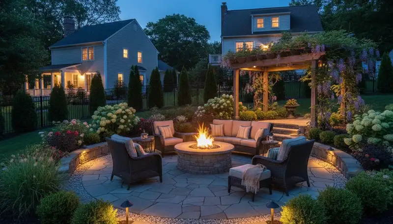 Fire pit patio with seating and landscape lighting in Elizabethport NJ by Staten Island landscaping experts