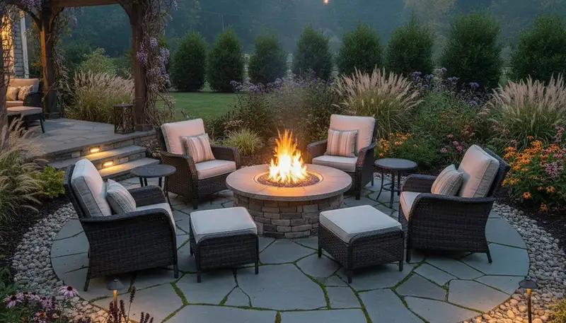 Fire pit patio with circular seating and ambient lighting by landscaping experts in Staten Island, NY
