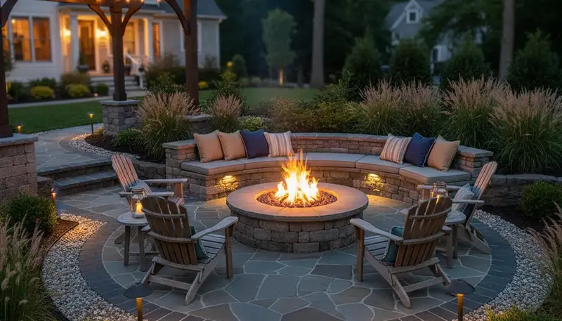 Custom fire pit patio with seating and lighting by Staten Island NY landscaping professionals