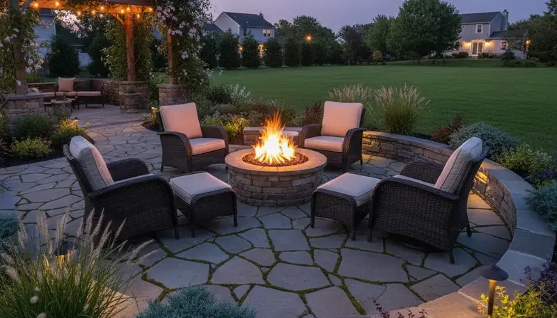 Fire pit patio with paver seating and landscape lighting by Staten Island landscapers in Sewaren, NJ