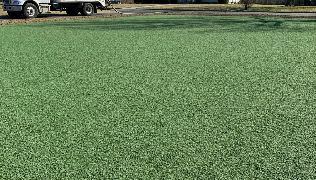 Freshly hydroseeded lawn with even green slurry coverage by Chop Chop Landscaping in Staten Island, NY