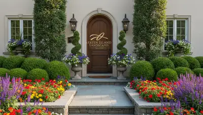 Front yard landscaping with colorful plantings and evergreens in Staten Island, NY by Chop Chop Landscaping
