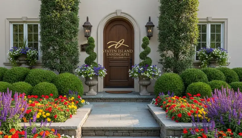 Front yard landscaping with colorful plantings and evergreens in Staten Island, NY by Chop Chop Landscaping