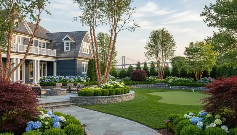 Full property landscape transformation with lush gardens and stone pathways in Staten Island, NY