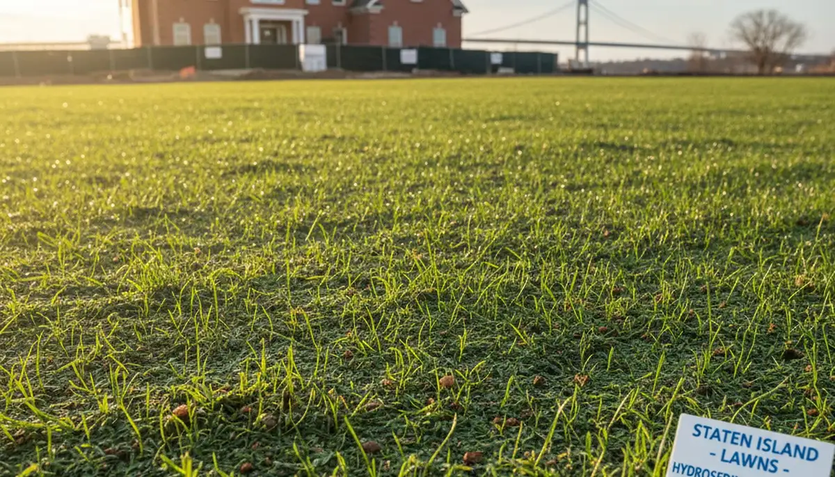 Hydroseeding grass seedlings emerging in Staten Island, NY lawn by Chop Chop Landscaping