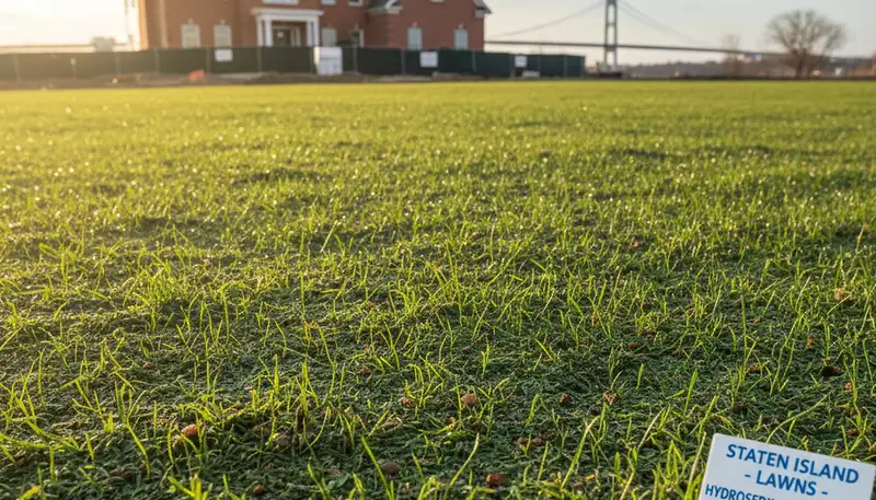 Hydroseeding grass seedlings emerging in Staten Island, NY lawn by Chop Chop Landscaping