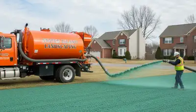 Hydroseeder truck spraying green slurry on new lawn in Staten Island, NY by Chop Chop Landscaping