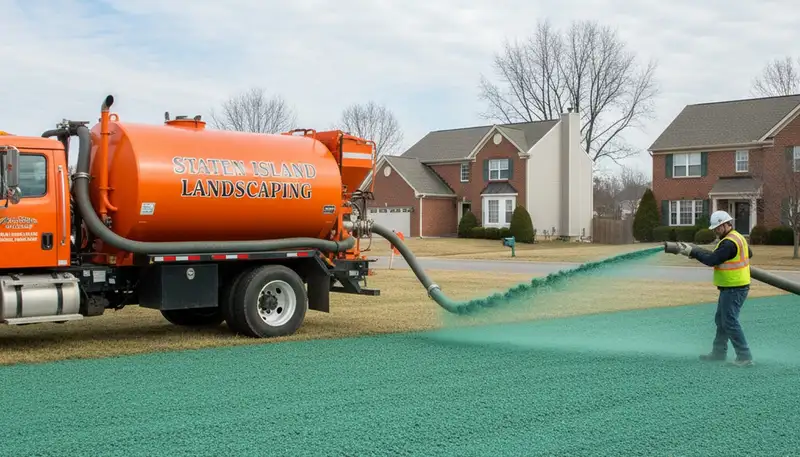 Hydroseeder truck spraying green slurry on new lawn in Staten Island, NY by Chop Chop Landscaping