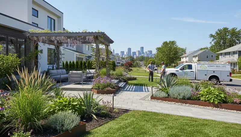 Landscaping crew providing residential lawn care and garden maintenance in Staten Island, NY