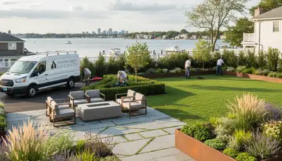 Landscaping crew serving Staten Island, NY with professional lawn and yard maintenance services