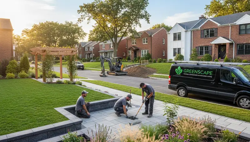 Landscaping crew providing lawn care and outdoor maintenance in Staten Island, NY