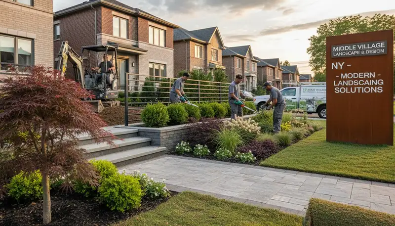 Landscaping crew providing lawn care and yard maintenance in Staten Island, NY
