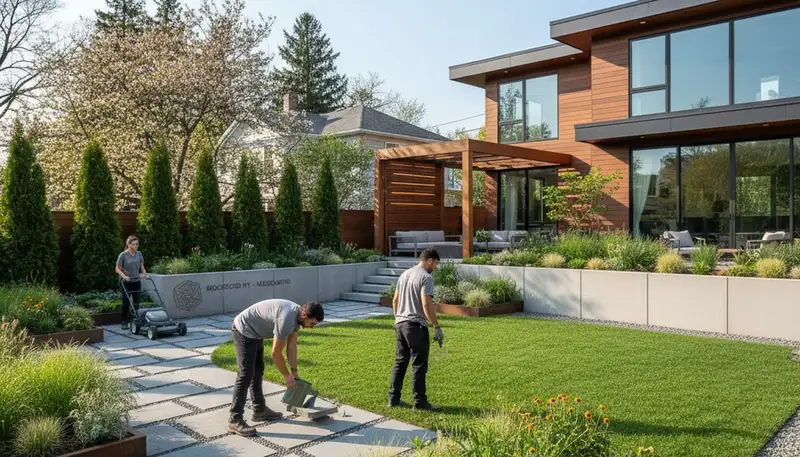 Landscaping crew providing lawn care and outdoor maintenance in Staten Island, NY
