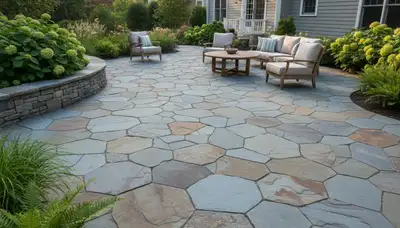 Flagstone patio with natural slate pavers expertly installed in Staten Island, NY landscaping project