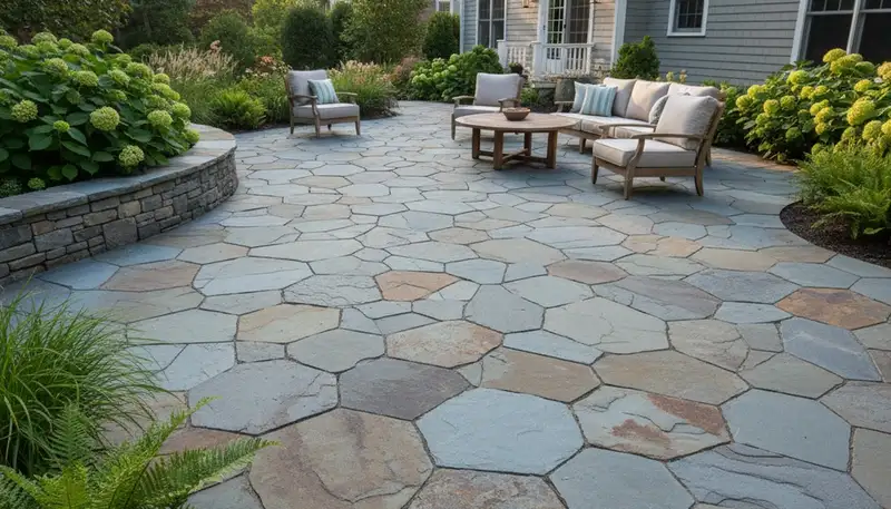 Flagstone patio with natural slate pavers expertly installed in Staten Island, NY landscaping project