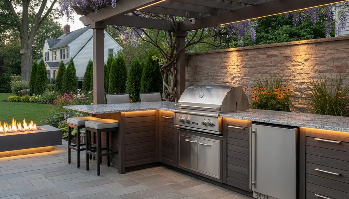 Luxury outdoor kitchen with pergola and granite countertops by Staten Island NY landscaping experts