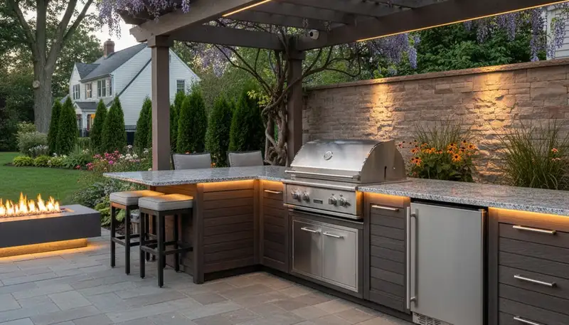 Luxury outdoor kitchen with pergola and granite countertops by Staten Island NY landscaping experts