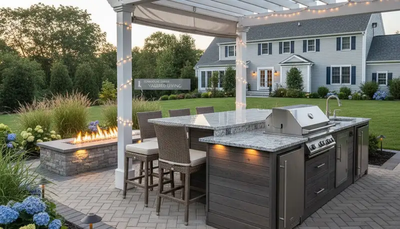 Luxury outdoor kitchen with pergola and granite countertops in Linden NJ by Staten Island landscaping experts