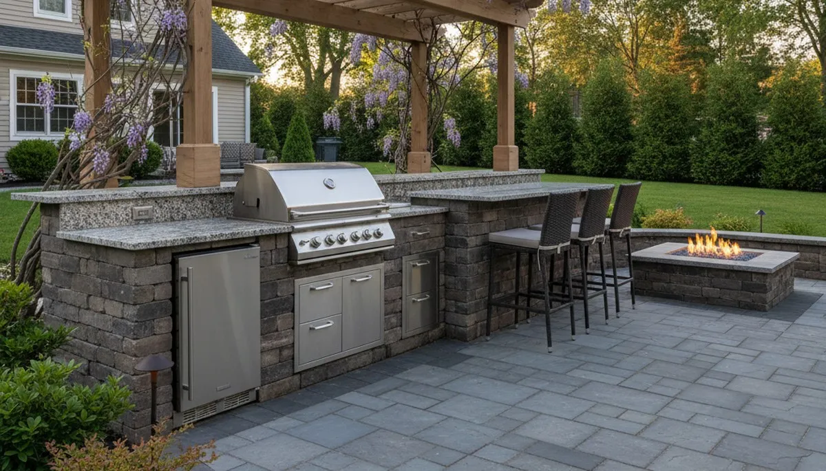 Custom outdoor kitchen with pergola and lighting by Staten Island landscapers in Port Reading NJ backyard