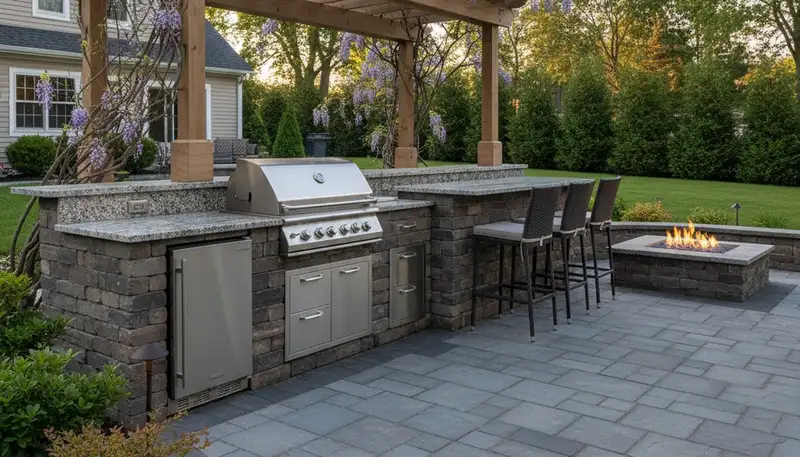 Custom outdoor kitchen with pergola and lighting by Staten Island landscapers in Port Reading NJ backyard