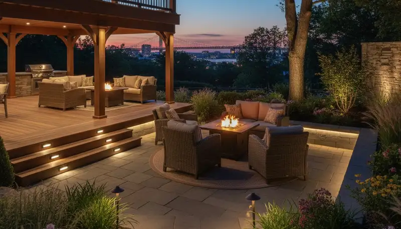 Outdoor deck and patio lighting installation by Chop Chop Landscaping in Staten Island, NY