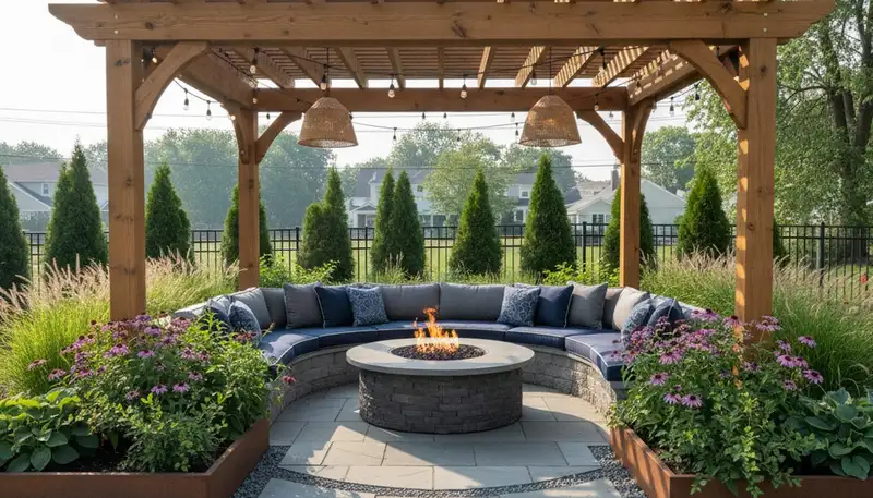Luxury paver patio with pergola and lighting by Staten Island NY landscapers near Avenel NJ homes