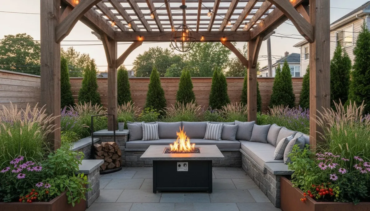 Interlocking paver patio with pergola and lighting by Staten Island landscapers in Bayonne NJ backyard