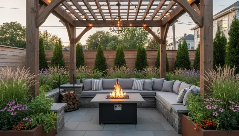 Interlocking paver patio with pergola and lighting by Staten Island landscapers in Bayonne NJ backyard