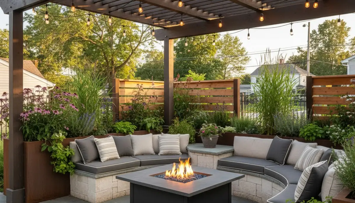 Custom pergola with fire pit and raised garden beds by Staten Island NY landscaping experts