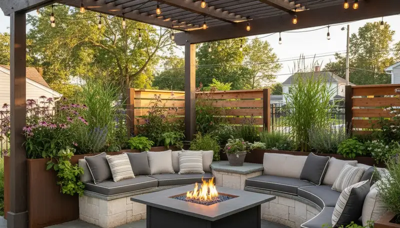 Custom pergola with fire pit and raised garden beds by Staten Island NY landscaping experts