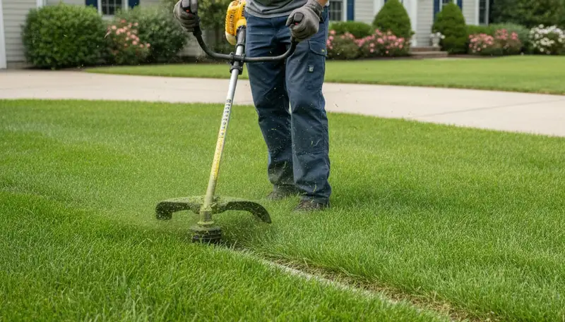 Technician edging residential lawn with string trimmer in Staten Island, NY for crisp landscaping detail