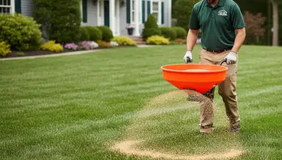 Lawn care pro spreading fertilizer on residential turf in Staten Island NY for uniform green-up results
