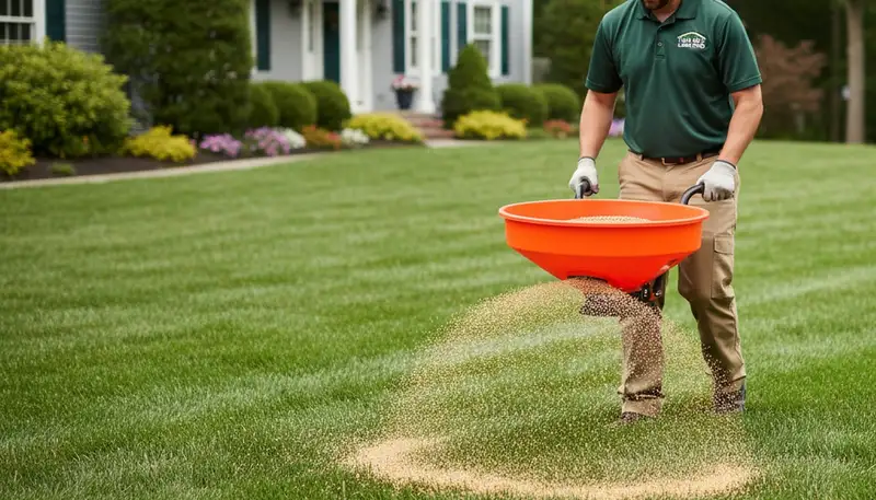 Lawn care pro spreading fertilizer on residential turf in Staten Island NY for uniform green-up results